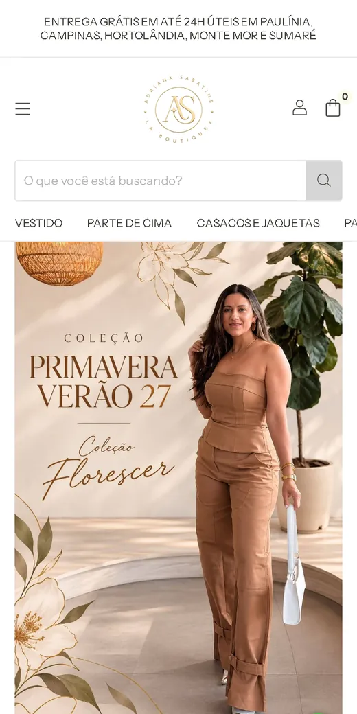 Página inicial da Adriana Sabatine no celular, com a faixa de entrega grátis em 24h na região
