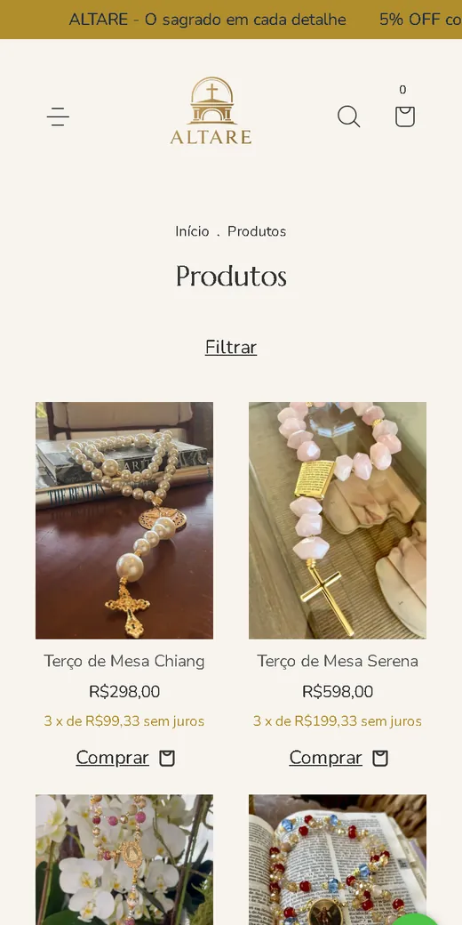 Listagem de produtos da Altare, com terços de mesa e preços