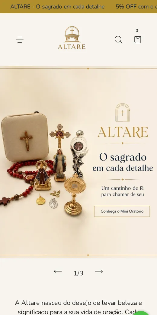 Página inicial da Altare no celular, com terços e o texto O sagrado em cada detalhe