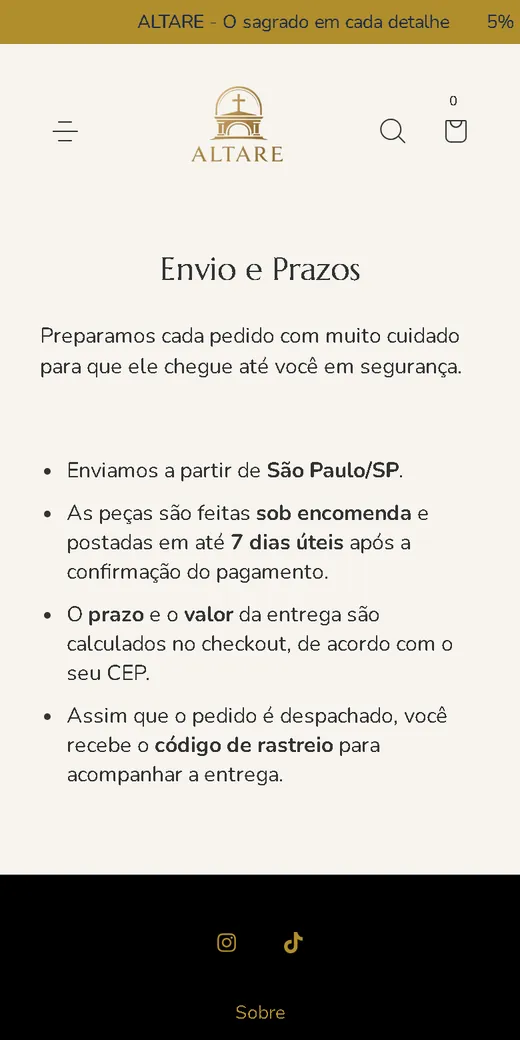 Página Envio e Prazos da Altare, explicando a produção sob encomenda