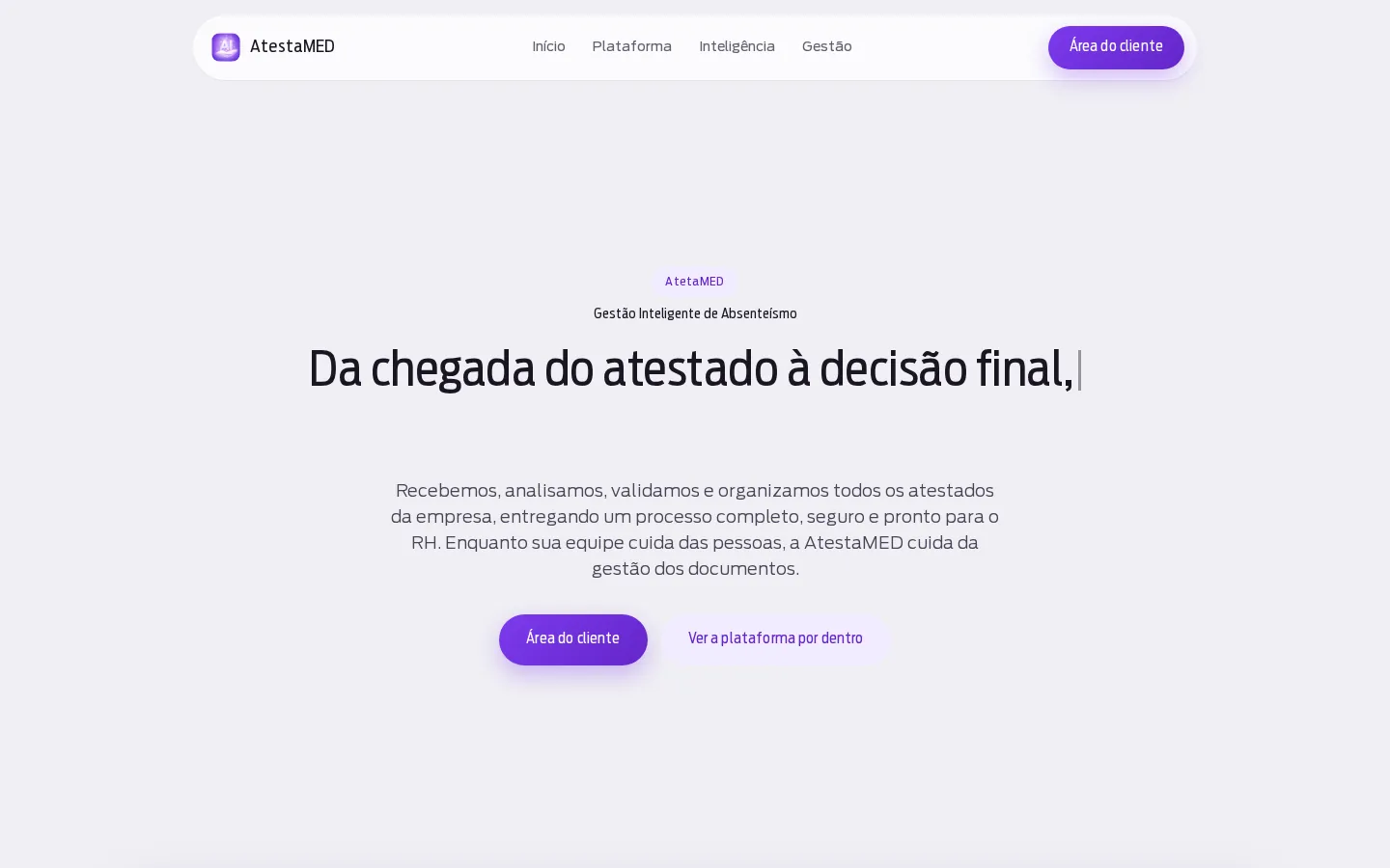 Página inicial da plataforma AtestaMED, gestão inteligente de absenteísmo