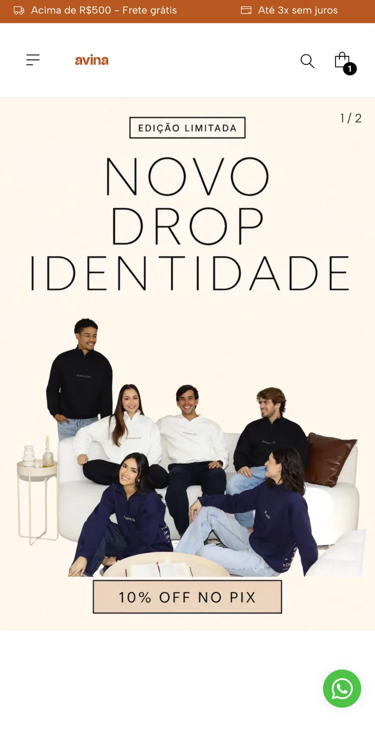 Página inicial da loja AVINA Oficial no celular, com o banner Novo Drop Identidade e 10% off no Pix