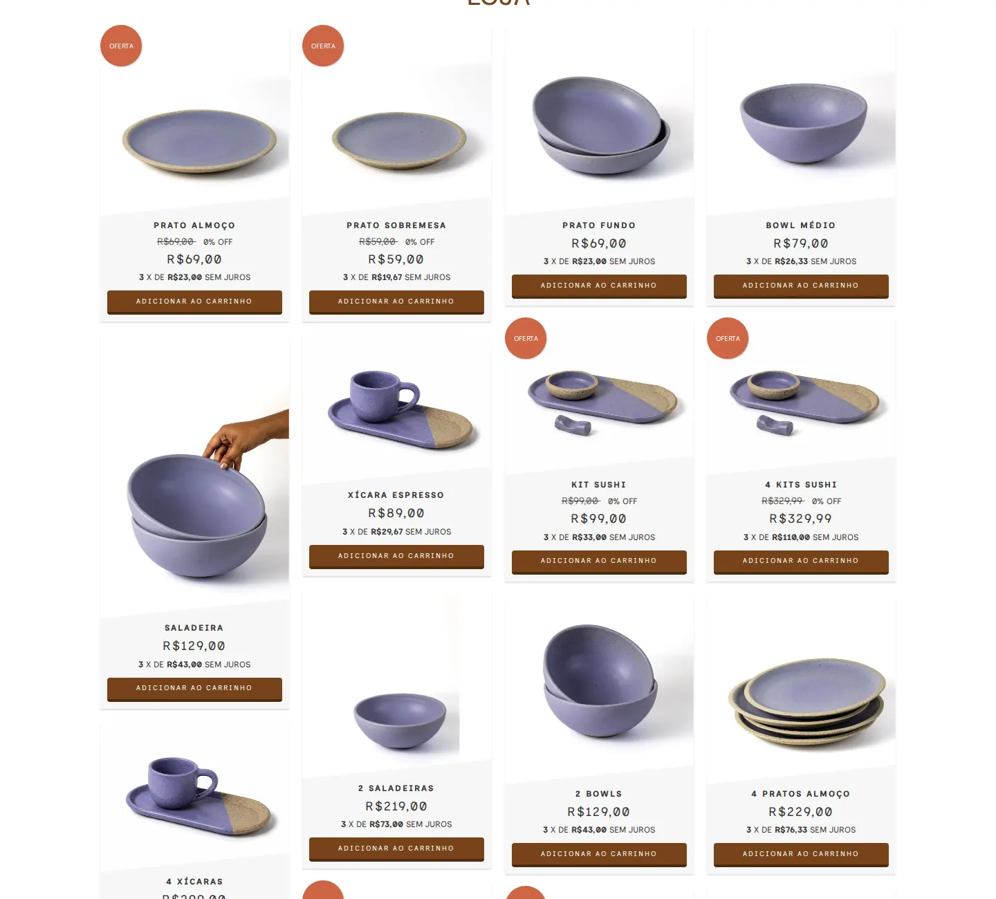 Vitrine de produtos na home da Cerâmica Reserva, com pratos, bowls e xícaras de cerâmica artesanal