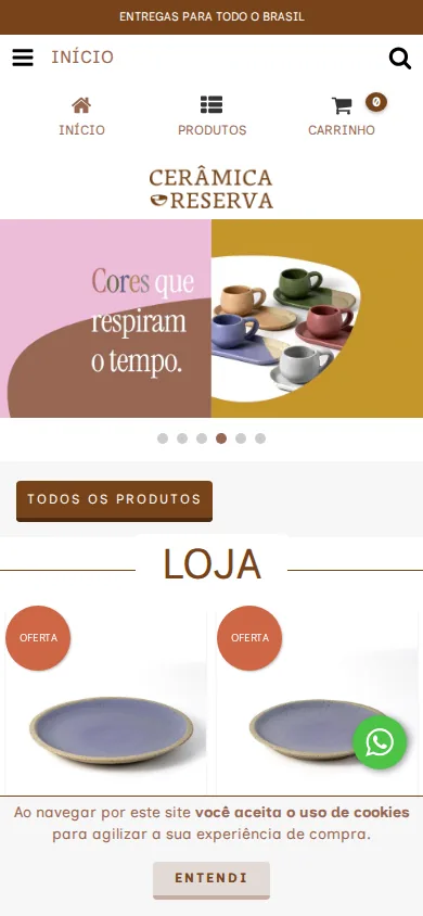 Página inicial da Cerâmica Reserva no celular, com menu simplificado e produtos em destaque