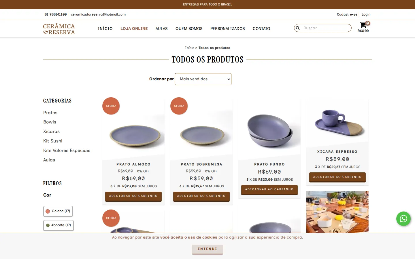 Página de todos os produtos da Cerâmica Reserva na Nuvemshop, com filtros por categoria e cor
