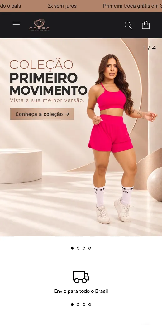 Página inicial da Corpo em Movimento no celular, com banner da coleção