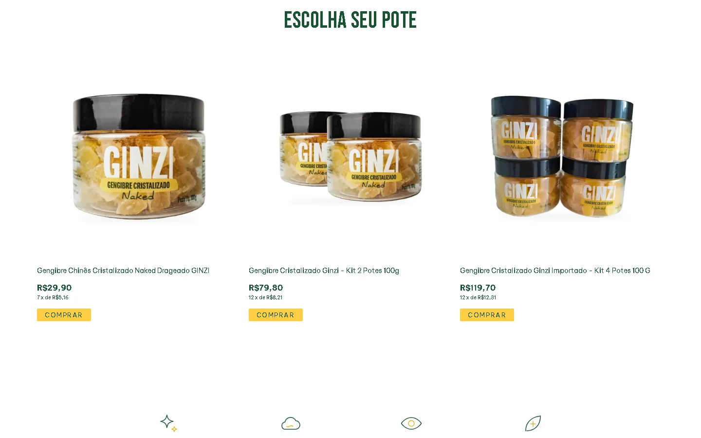Seção Escolha seu pote, com o pote de 100 g e os kits de 2 e 4 potes