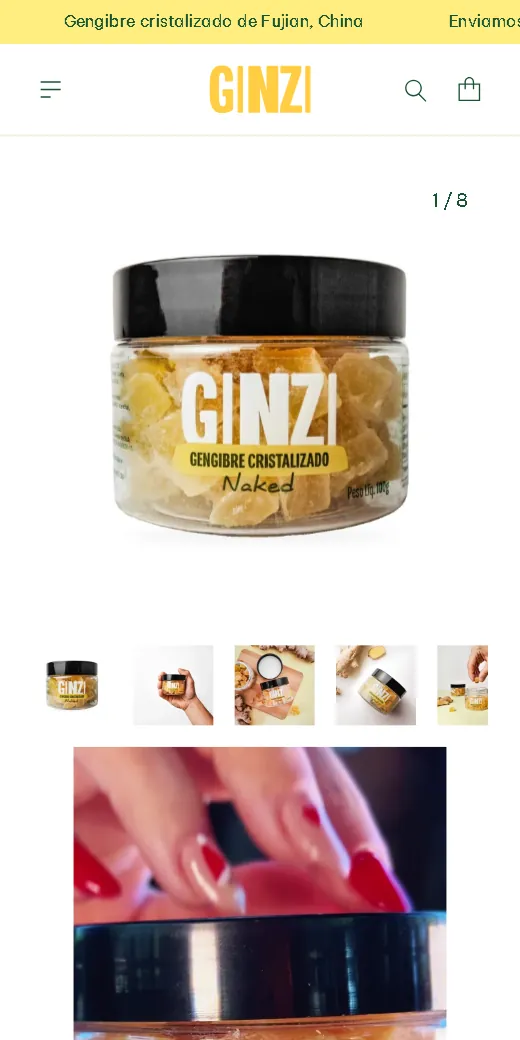 Página do pote de 100 g da GINZI no celular, com a galeria de fotos e o vídeo abaixo