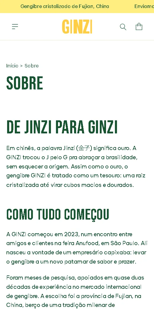 Página Sobre da GINZI no celular, com a história De Jinzi para GINZI