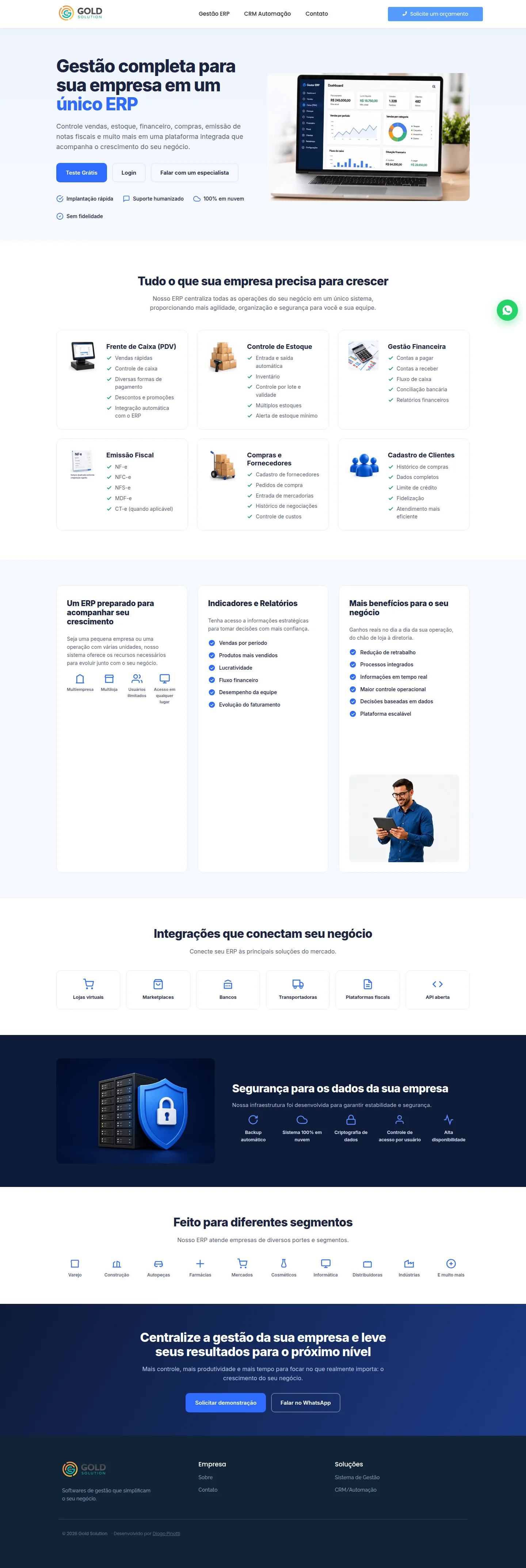 Home do site institucional da Gold Software, com o ERP em destaque