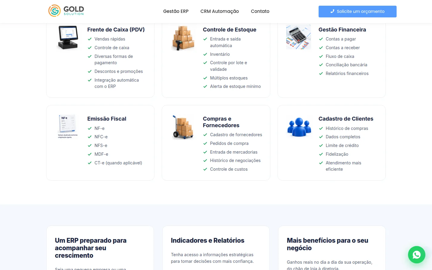 Grade de recursos do ERP da Gold Software: frente de caixa, estoque, financeiro, emissão fiscal, compras e cadastro de clientes