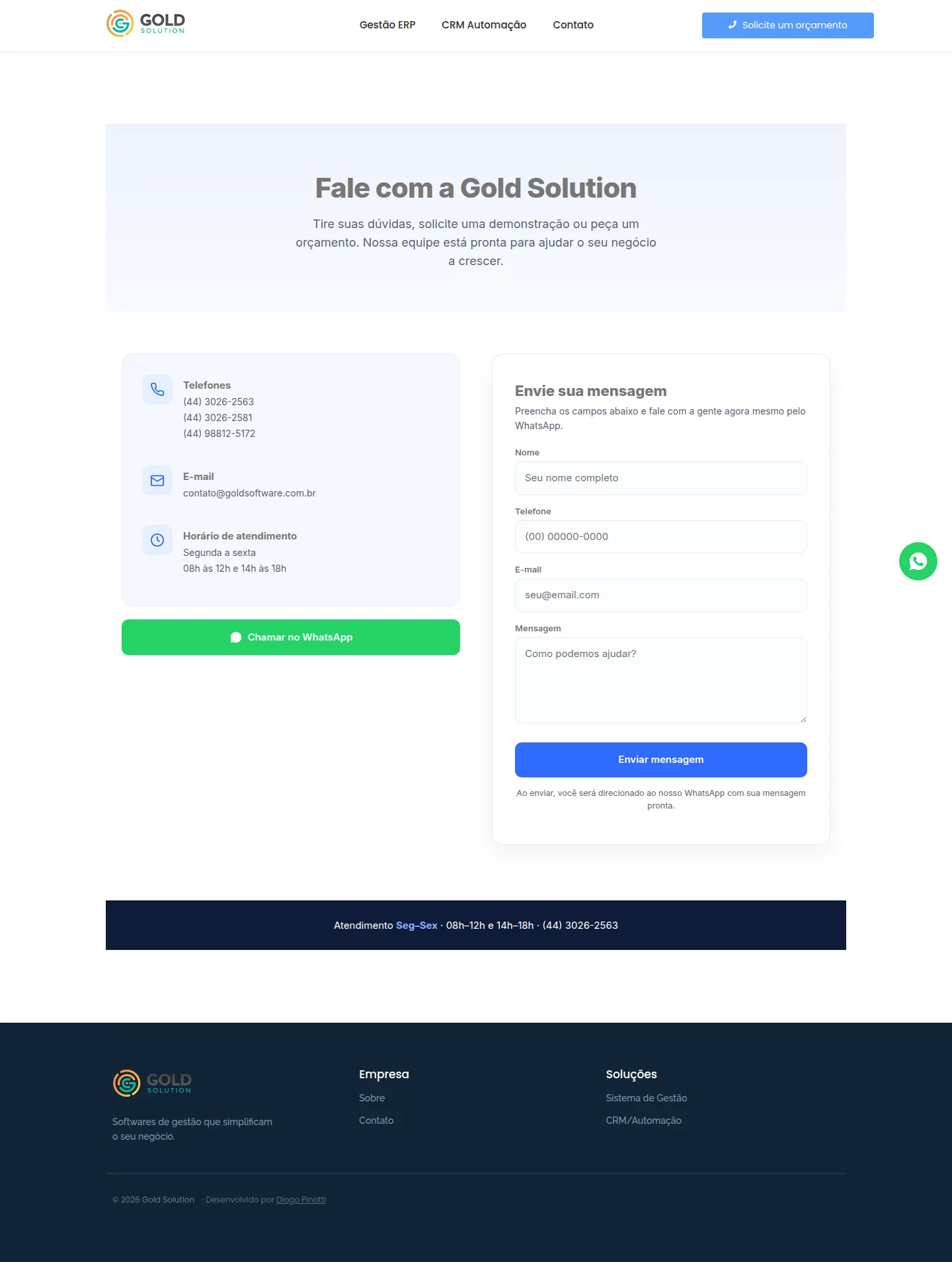 Página de contato da Gold Software com formulário que envia a mensagem direto para o WhatsApp da empresa