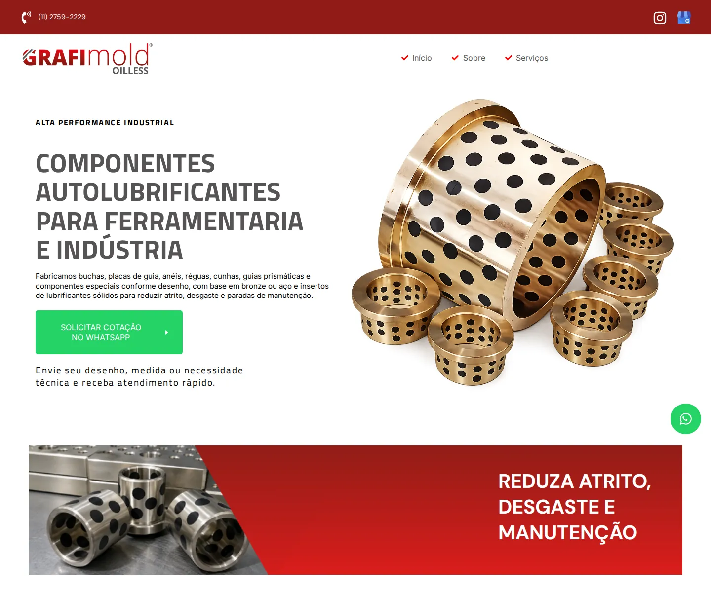 Página inicial da GrafiMold, com componentes autolubrificantes de bronze em destaque