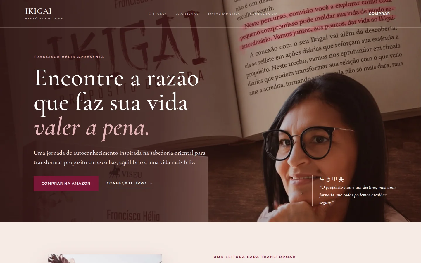 Página inicial da landing page do livro Ikigai: Propósito de Vida, com foto da autora Francisca Hélia