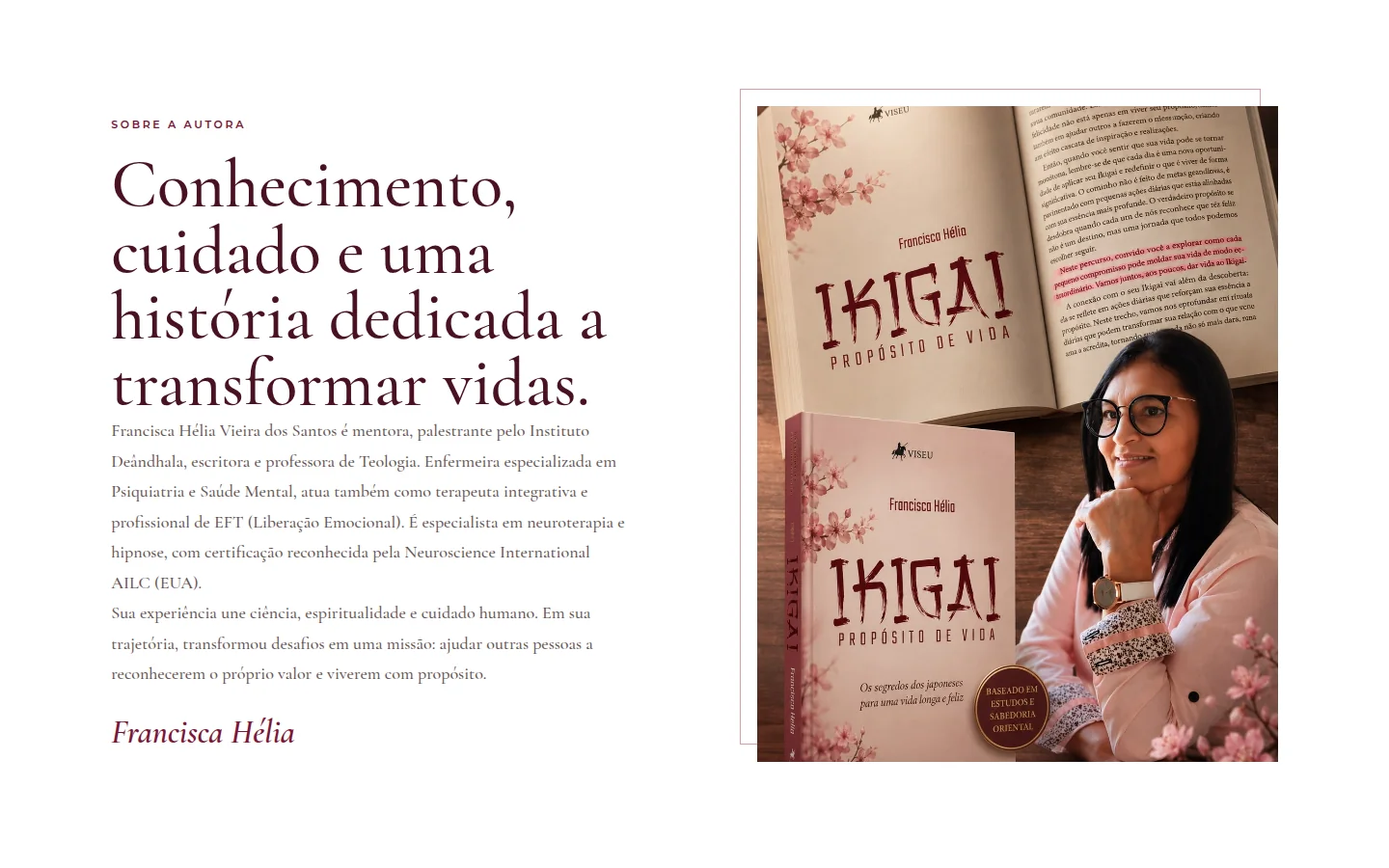 Seção sobre a autora Francisca Hélia na landing page do livro Ikigai