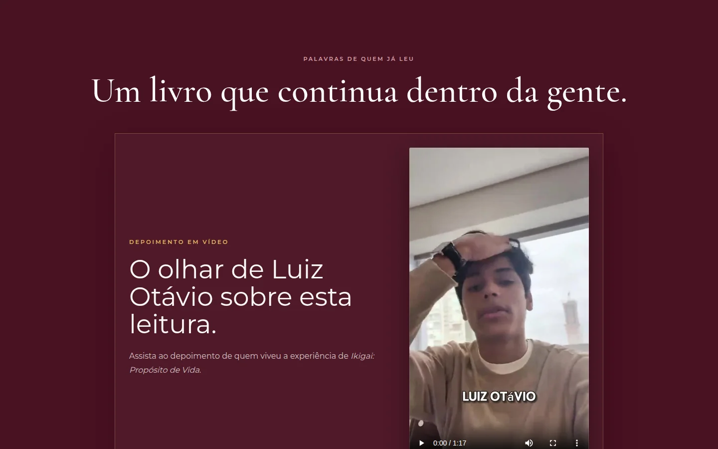 Seção de depoimentos em vídeo na landing page do livro Ikigai