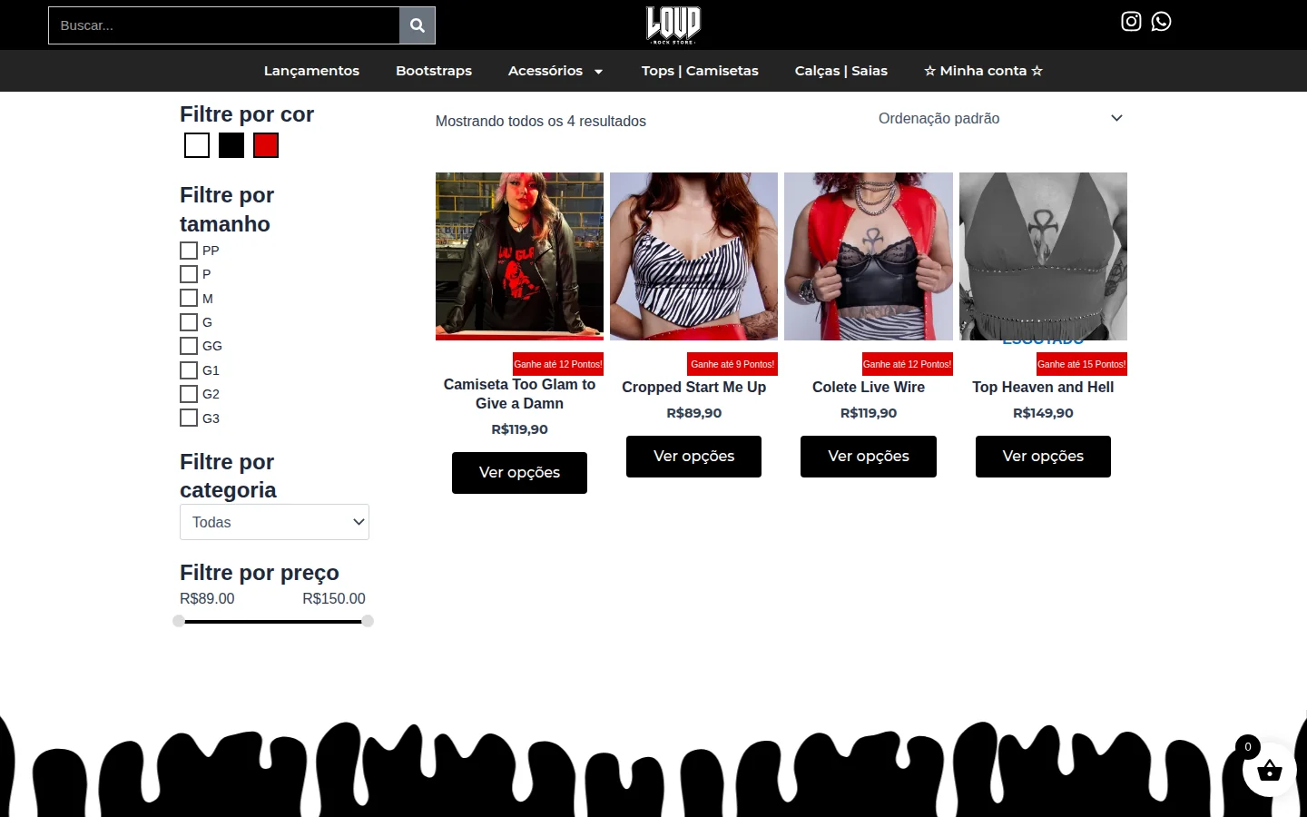 Catálogo de produtos filtrado na loja LOUD Rock Store, com preço e opções de tamanho