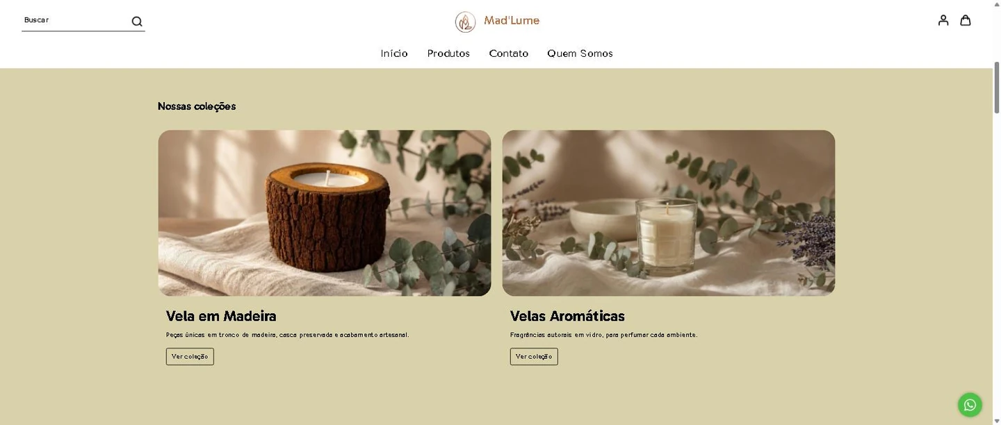Seção Nossas coleções da loja Mad'Lume, com os blocos Vela em Madeira e Velas Aromáticas