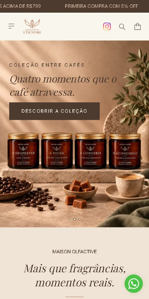 Página inicial da L'ouvore no celular, com o banner da coleção de Natal 2026