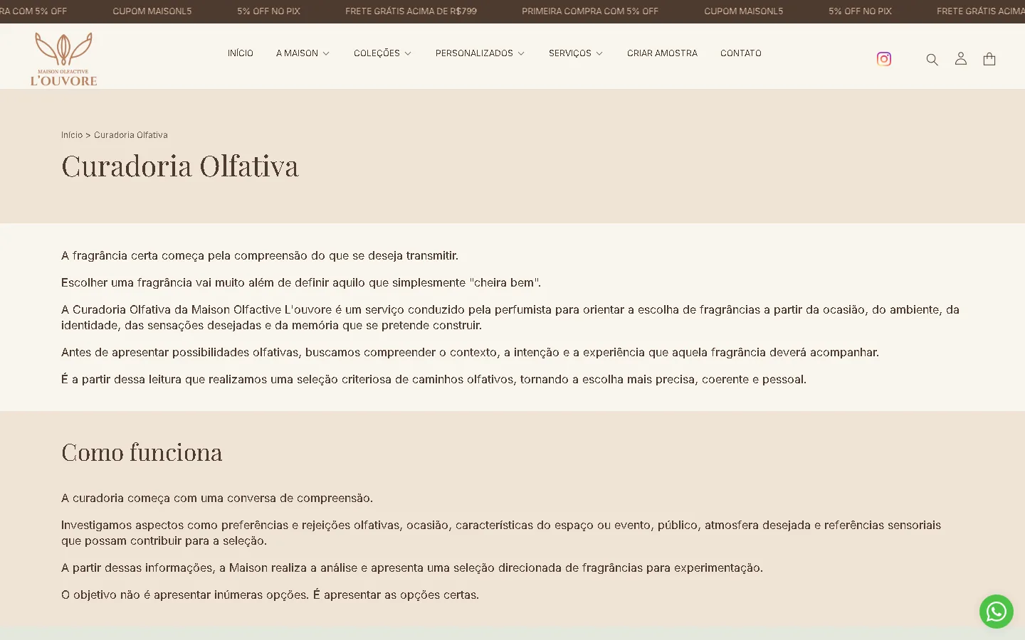 Página Curadoria Olfativa da L'ouvore no computador