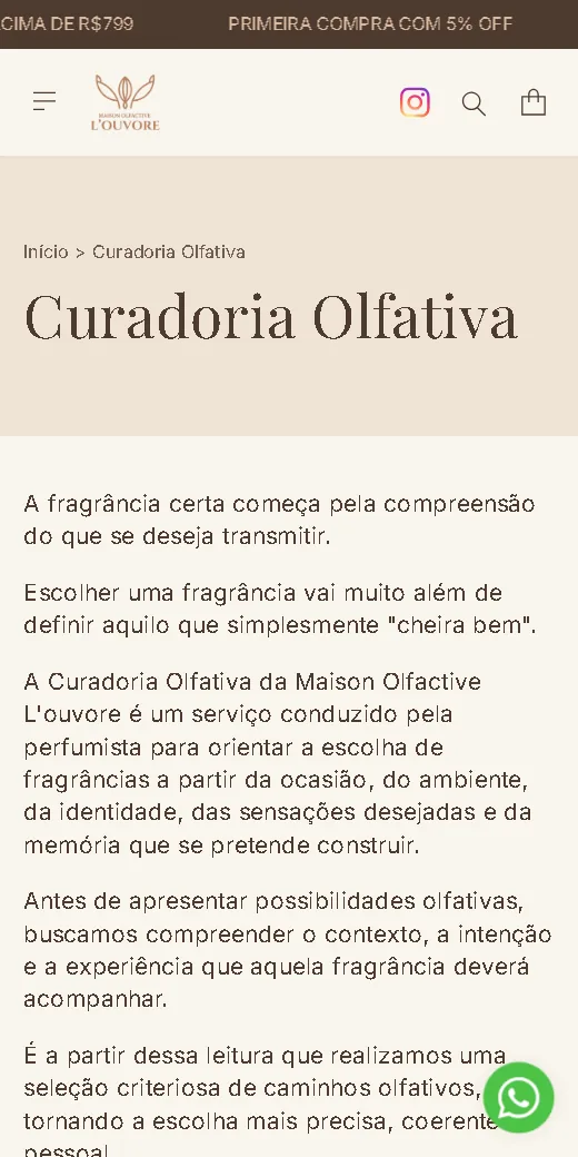 Página Curadoria Olfativa da L'ouvore no celular