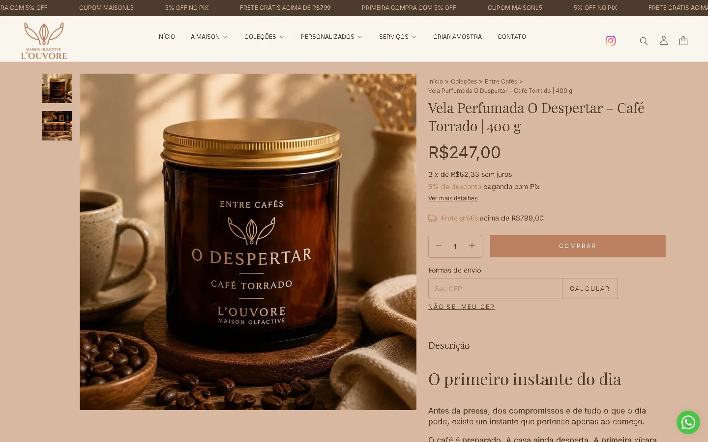 Página da vela O Despertar no computador, com parcelamento, desconto no Pix e cálculo de frete