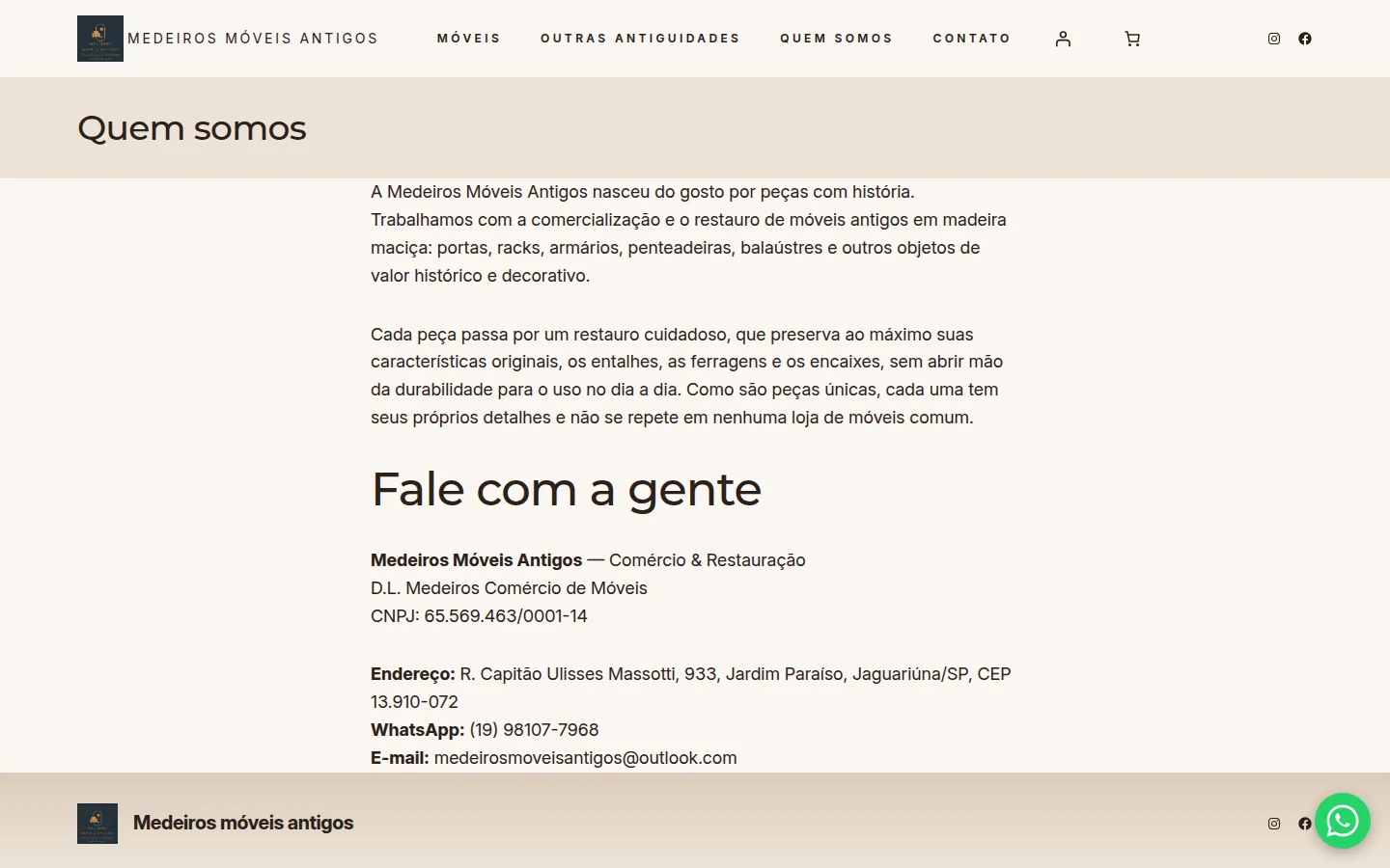 Página institucional da Medeiros Móveis Antigos explicando o processo de restauro