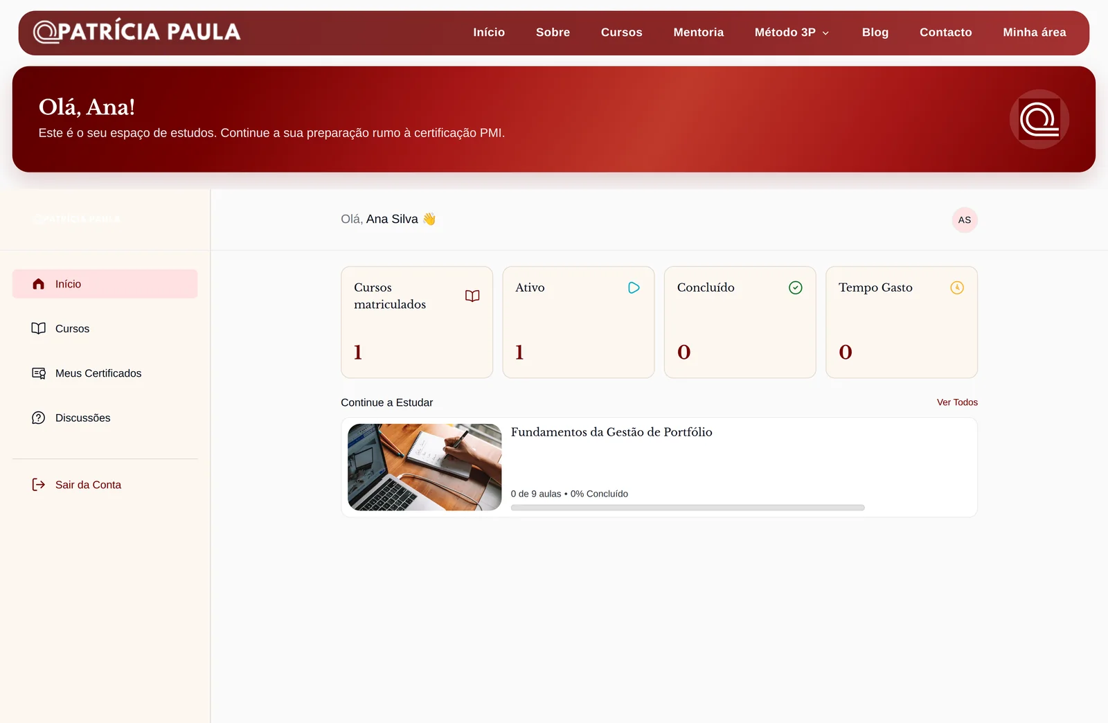 Painel do aluno com curso matriculado, progresso e botão Continue a Estudar