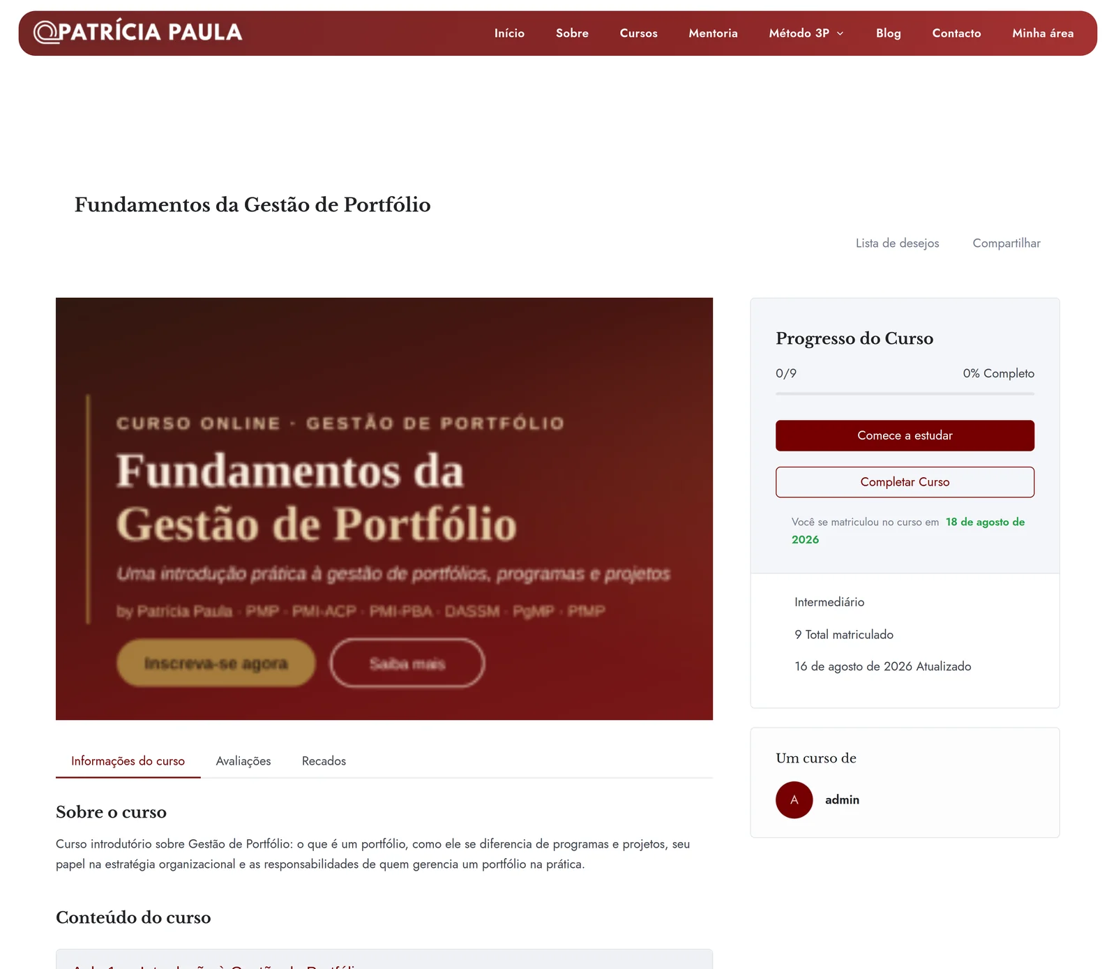 Página do curso Fundamentos da Gestão de Portfólio, com conteúdo por aula e avaliação