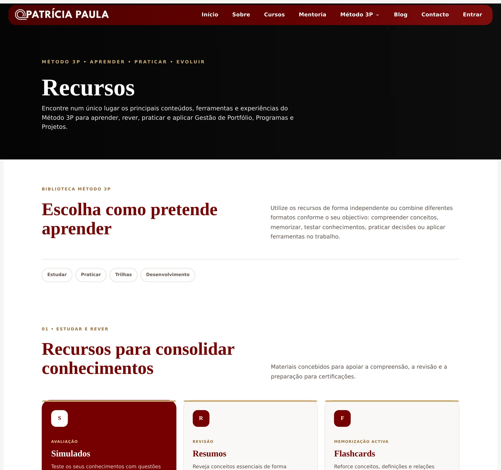 Hub Método 3P com simulados, resumos, flashcards, mapas mentais, trilhas de estudo e jogos de prática