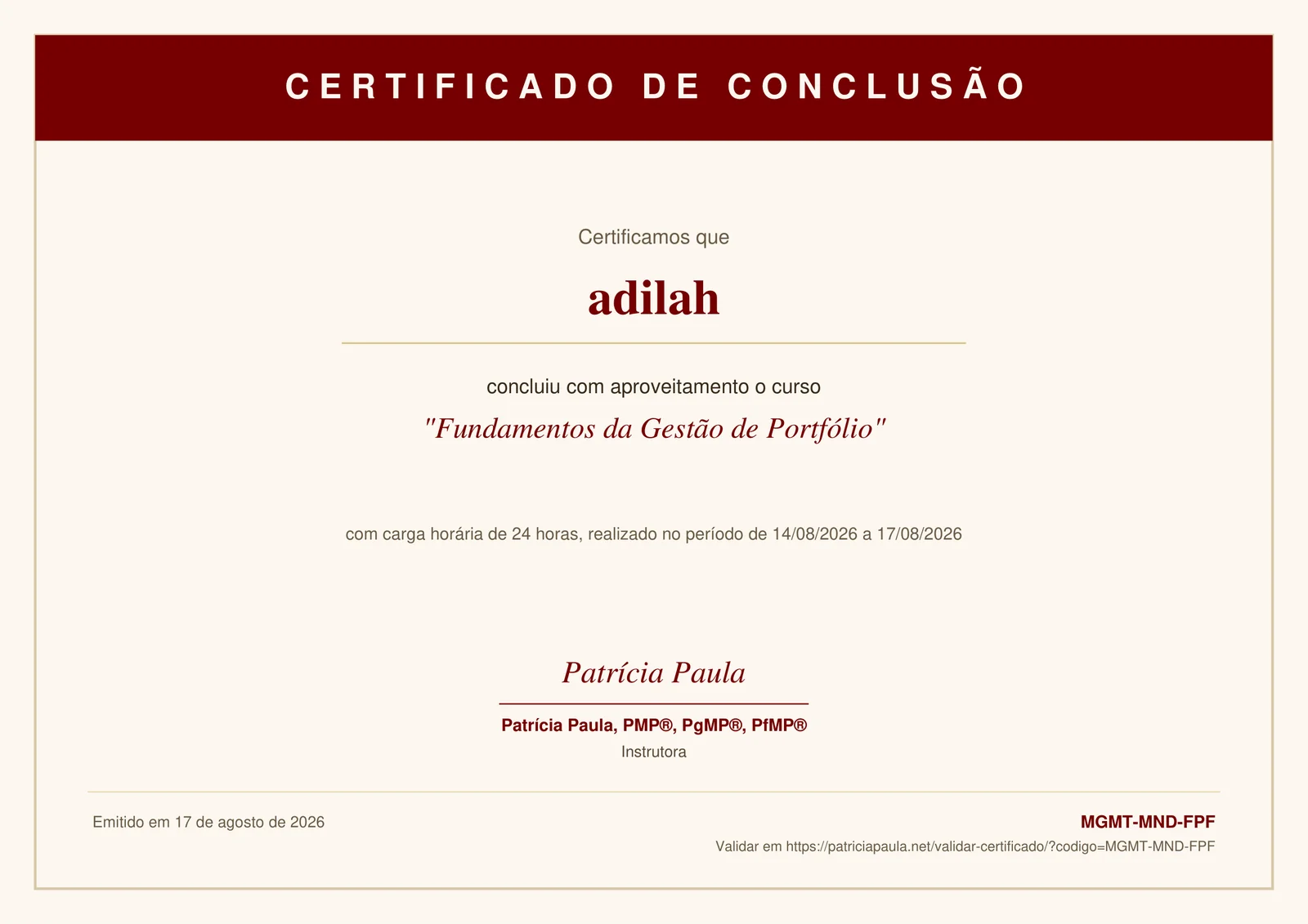 Certificado de conclusão de curso com código de validação pública