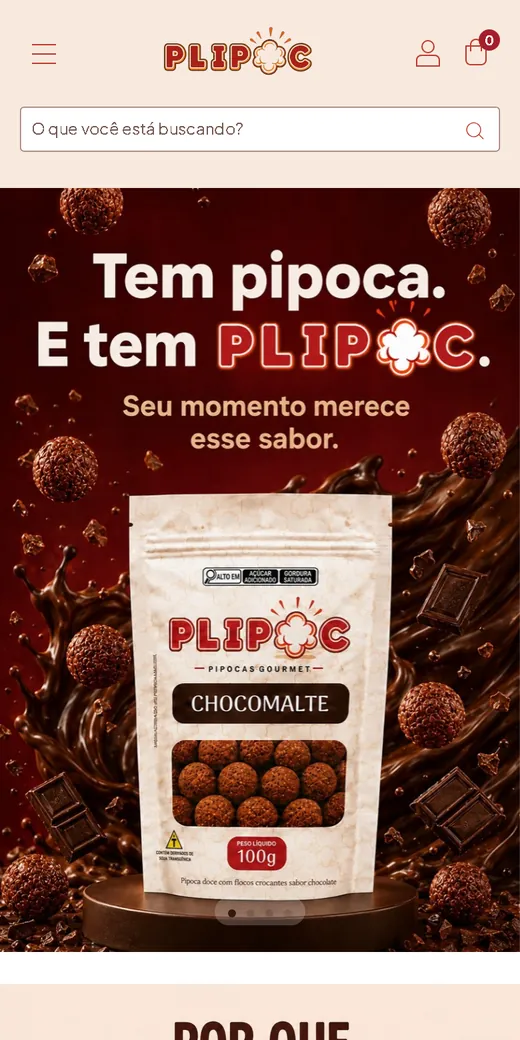 Página inicial da Plipoc no celular, com o banner da pipoca de chocomalte