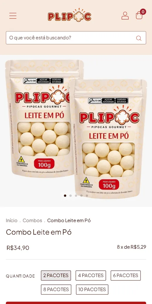 Produto Combo Leite em Pó da Plipoc, com a quantidade de pacotes como opção