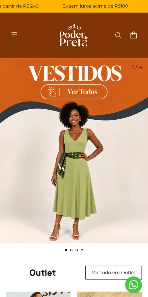 Página inicial da Poder de Preta no celular, com banner de vestidos