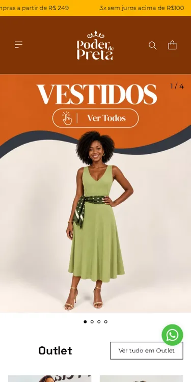 Página inicial da loja Poder de Preta no celular, com o banner da coleção de vestidos