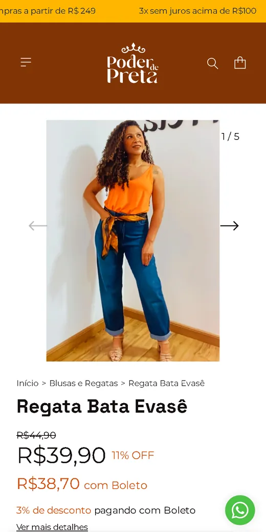 Produto Regata Bata Evasê da Poder de Preta, com preço e desconto no boleto