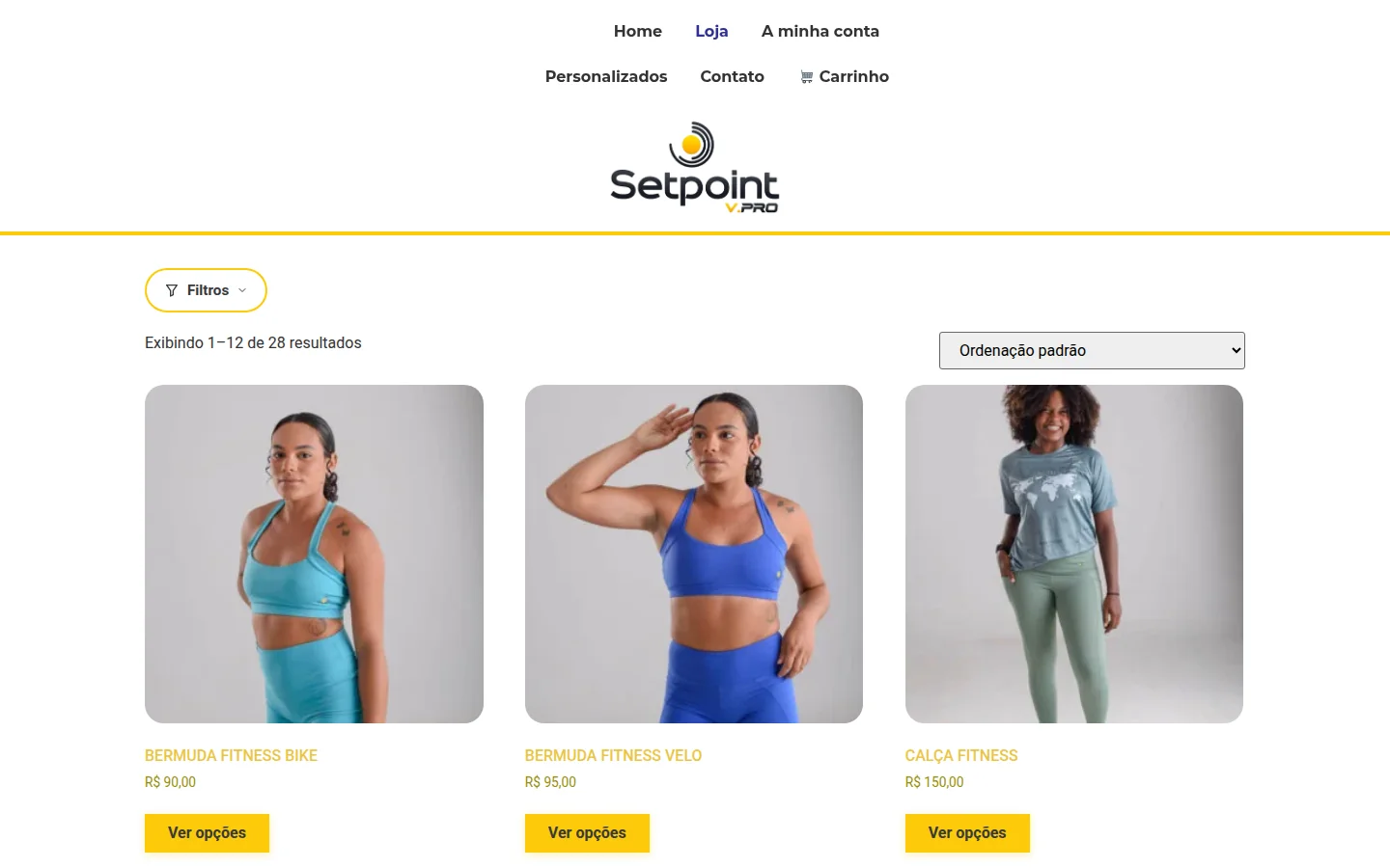 Catálogo de produtos da loja Setpoint V.Pro, com preços e opções de tamanho