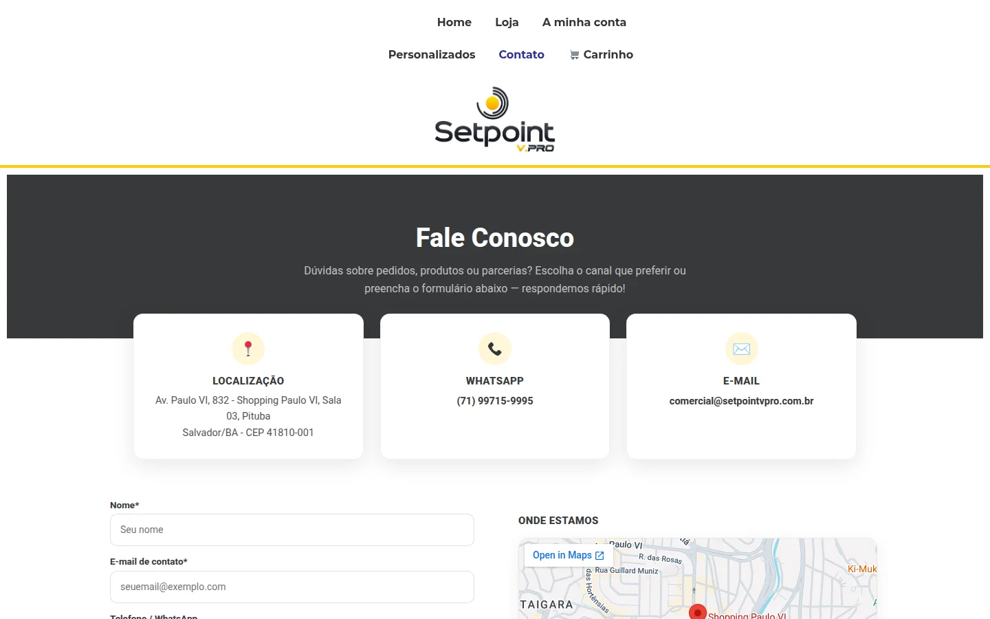 Página de contato da Setpoint V.Pro com WhatsApp, e-mail e mapa da loja