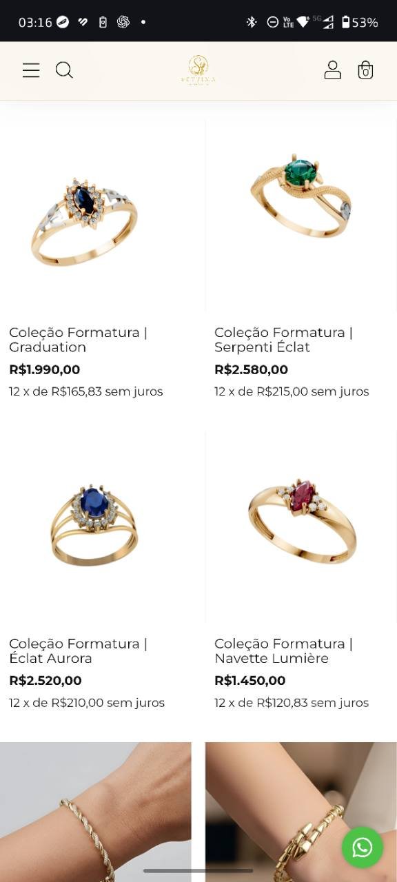 Grade responsiva de anéis da SETTIMA com preços e parcelamento