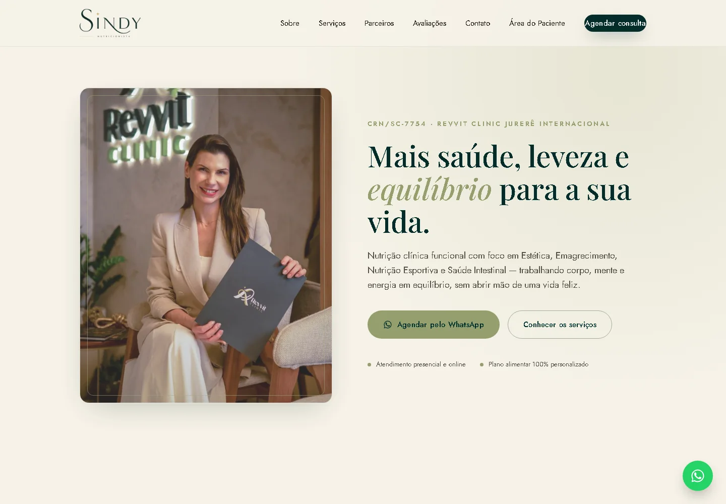 Página inicial do site premium da nutricionista Sindy Prestes