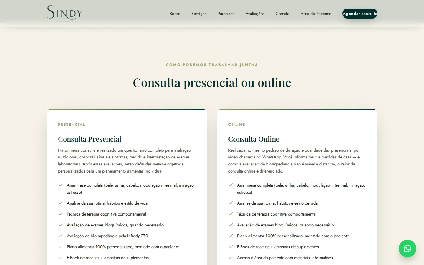 Seção de consulta presencial e consulta online no site da Sindy Nutricionista, com listas de itens inclusos em cada modalidade