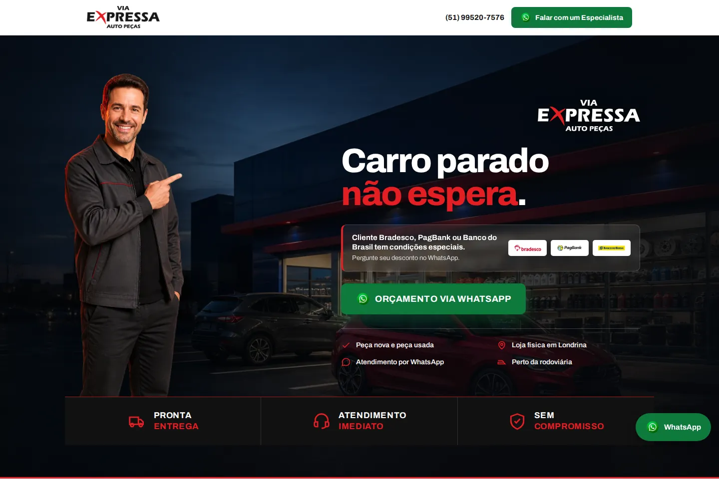 Página inicial da Via Expressa Auto Peças, com botão de orçamento direto pelo WhatsApp