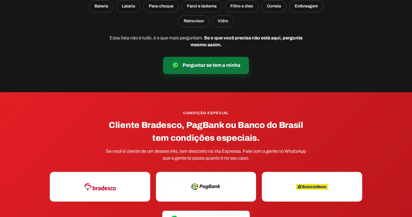 Seção O que mais sai daqui da Via Expressa, com categorias de peças e condição especial de bancos parceiros