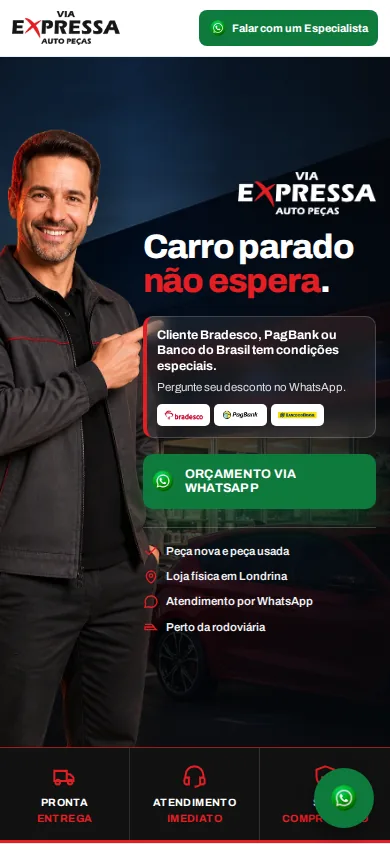 Página inicial da Via Expressa no celular, com botão fixo de orçamento pelo WhatsApp