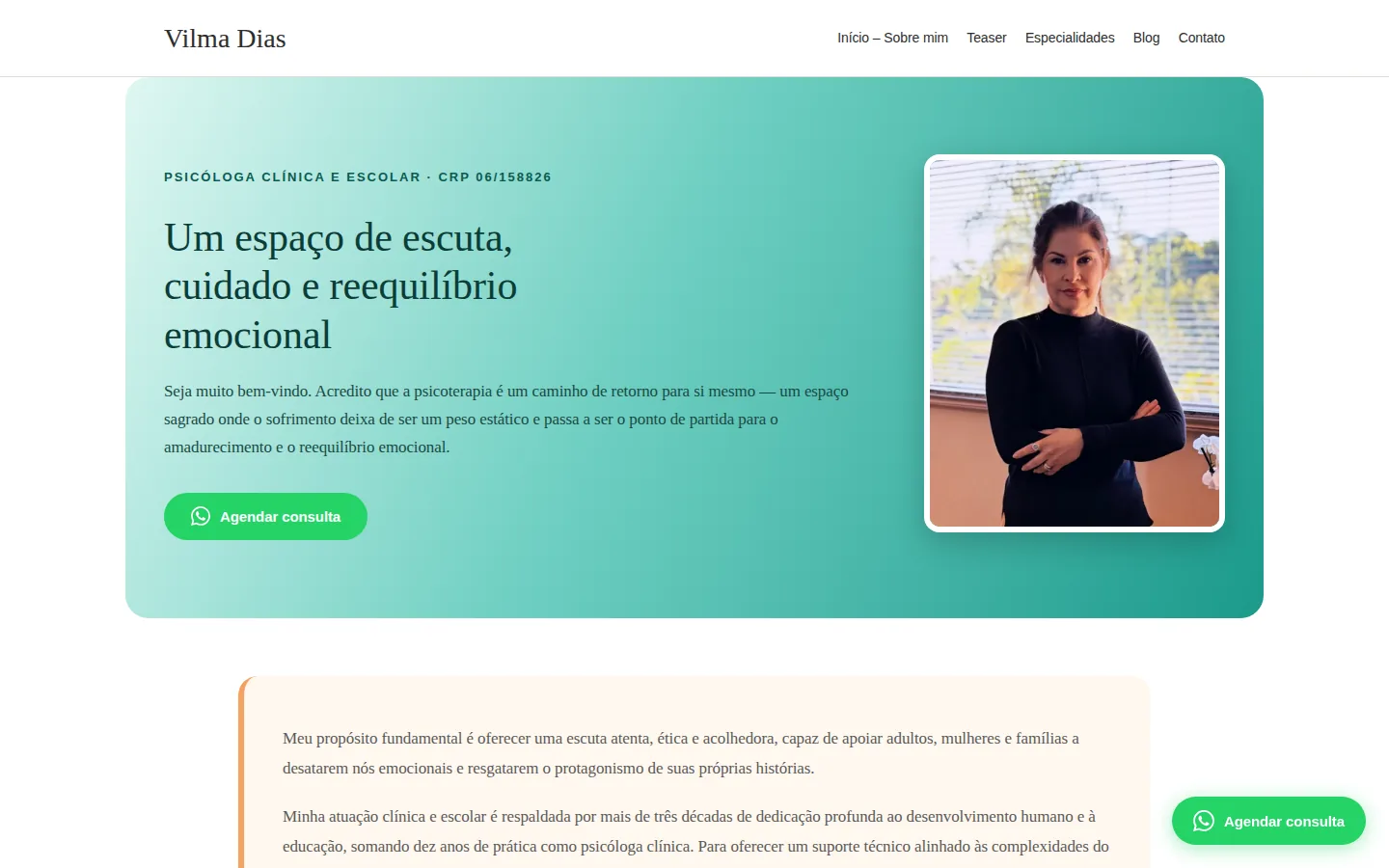 Página inicial do site institucional da psicóloga Vilma Dias