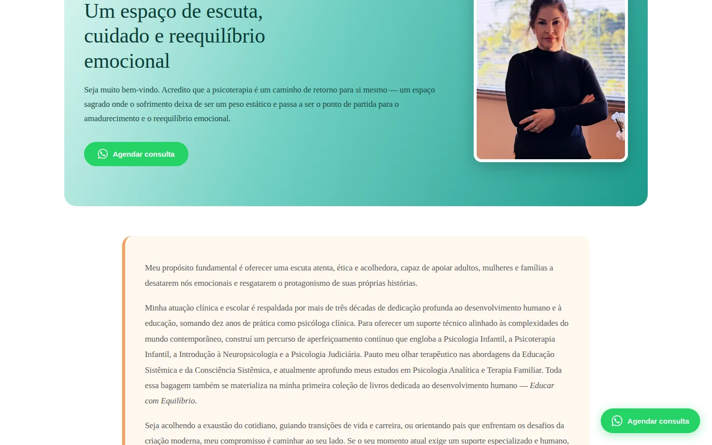 Seção sobre a psicóloga Vilma Dias, com formação e abordagem terapêutica
