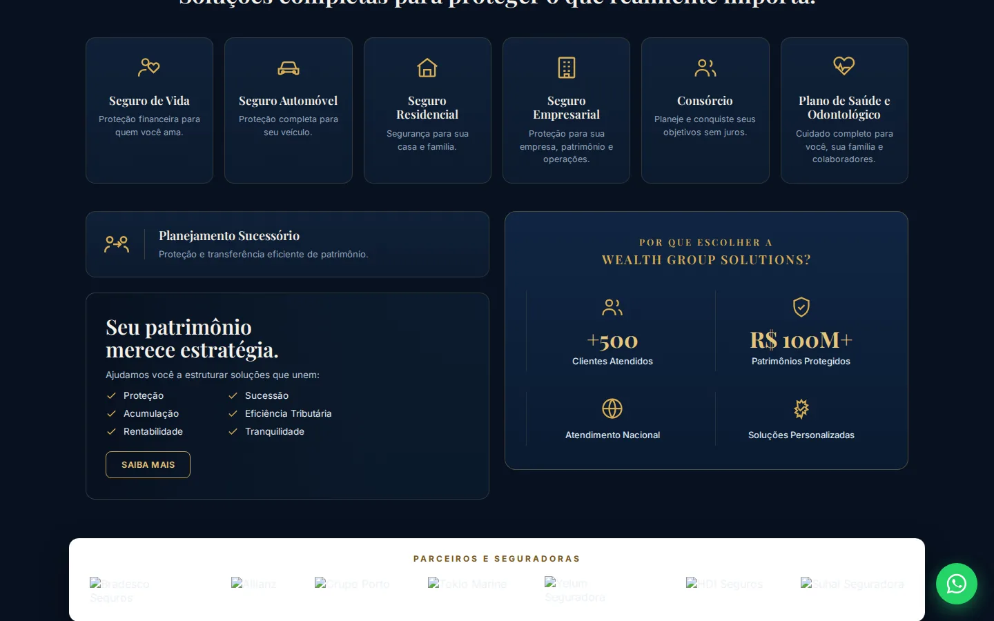 Grade de soluções da Wealth Group: seguro de vida, automóvel, residencial, empresarial, consórcio e plano de saúde, com faixa de parceiros